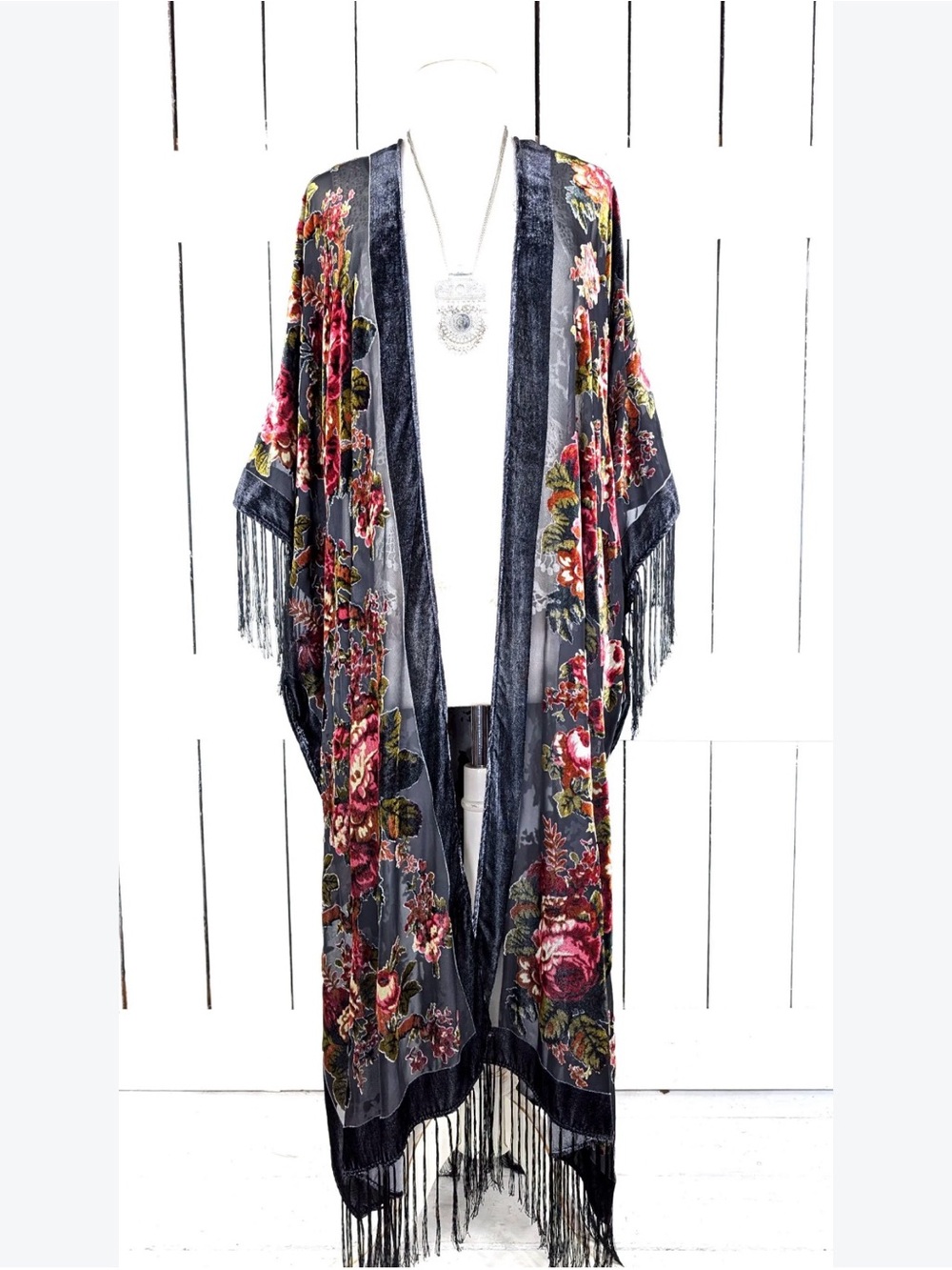 Shiraleah Floral Velvet Fringe Kimono Duster